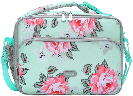 Amersun Lunch Bag for Kids - Padded Durable Insulated Lunch Box with Adjustable Shulder Strap & 2 Pockets for Girls Toddler School,Thermal Freezable Lunch Cooler Keep Food Fresh,Light Blue Rose