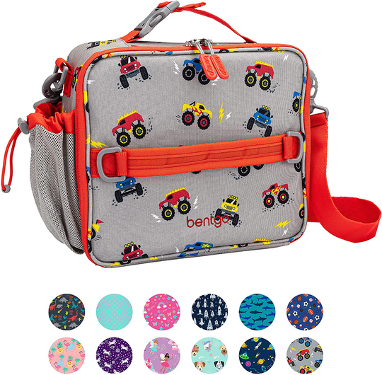 Bentgo Kids Prints Lunch Bag - Double Insulated, Durable, Water-Resistant Fabric with Interior and Exterior Zippered Pockets and External Bottle Holder- Ideal for Children of All Ages (Trucks)