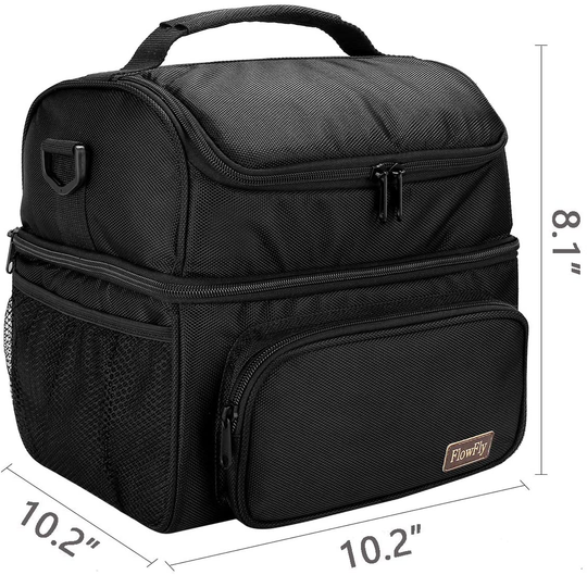 FlowFly Adult Lunch Bag Insulated 2 Roomy Compartment Thermal Lunch Box Large Reusable Double Decker Tote Cooler Bag with Detachable Shoulder Strap for Men Women kids,Black