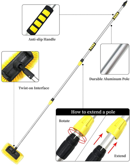 Buyplus Car Wash Brush with Long Handle - 12 Foot Telescopic Flow Through Car Washing Brush with Hose Attachment, Soft Bristle Head for RV, Trucks, No Scratch Dip Car Cleaning Water Brush