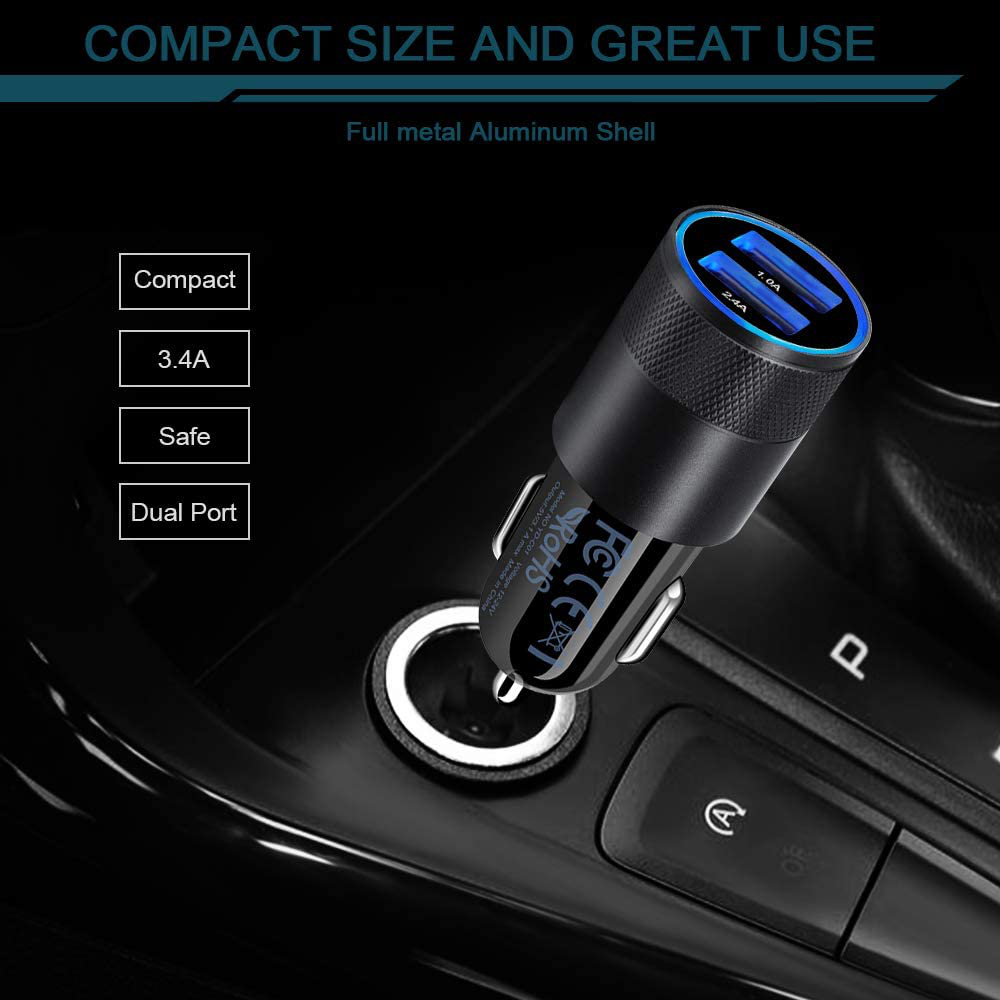 Car Charger, [2Pack] 3.4a Fast Charge Dual Port USB Cargador Carro Lighter Adapter for iPhone X XR XS Max 8 Plus 7s 6s 12 11 Pro Max, iPad, Samsung Galaxy S21+ S10 Plus S7 j7 S10e S9 Note 8, LG, GPS