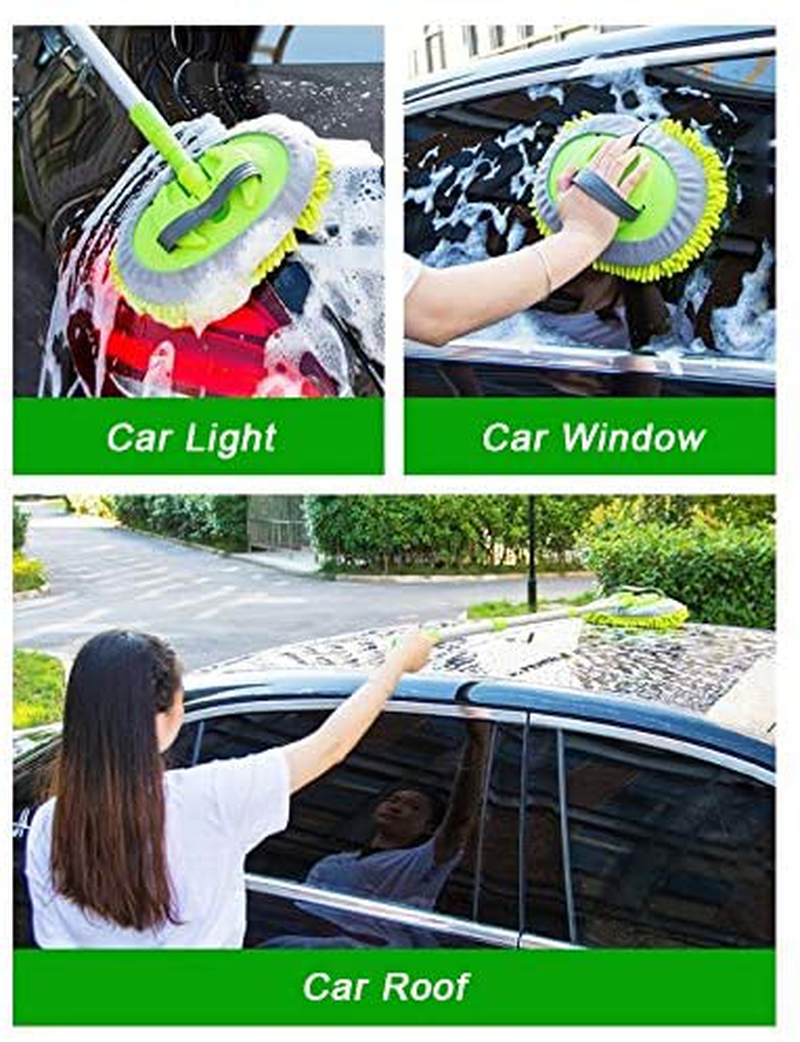 Yueiehe 2 in 1 Chenille Microfiber Car Wash Mop Mitt with 46" Aluminum Alloy Long Handle,Car Cleaning Kit Brush Duster,Scratch Free Cleaning Tool Dust Collector Supplies, 2Pcs Mop Head(Green)