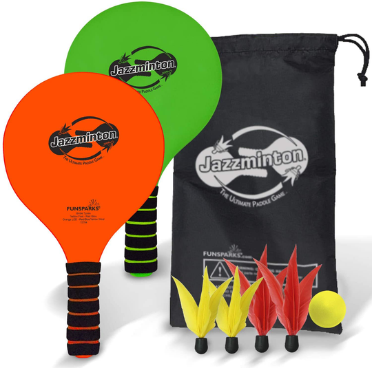 Jazzminton Paddle Ball Game with Carry Bag - Indoor Outdoor Toy - Play at The Beach, Lawn or Backyard - 2 Wooden Racquets - 4 Shuttlecocks - 1 Ball
