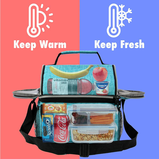 OPUX Insulated Dual Compartment Lunch Bag for Men, Women | Double Deck Reusable Lunch Pail Cooler Bag with Shoulder Strap, Soft Leakproof Liner | Large Lunch Box Tote for Work, School (Turquoise)