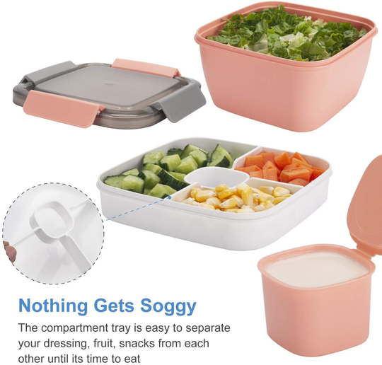 Freshmage Salad Lunch Container To Go, 52-oz Salad Bowls with 3 Compartments, Salad Dressings Container for Salad Toppings, Snacks, Men, Women (Pink)