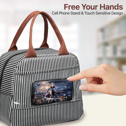 Lunch Bag, Bagseri Insulated Lunch Bags for Women and Men, with Transparent Phone Holder Pocket, Reusable Lunch Cooler Box Thermal Organizer, Water-resistant Lining (Khaki White Stripe)