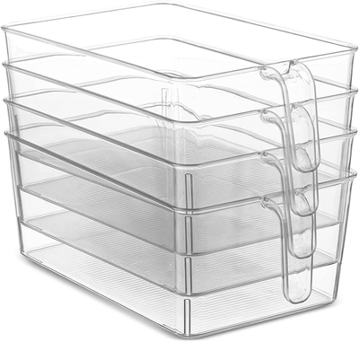 Set Of 4 Clear Refrigerator Pantry Organizer Bins Household Plastic Food Storage Basket with Handles for Kitchen, Countertops, Cabinets, Refrigerator, Freezer, Bedrooms, Bathrooms