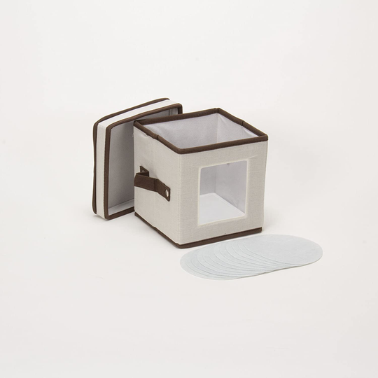 Household Essentials Natural 530 Dinnerware Box with Lid and Handles | Storage Bin for Small Saucer Plates Canvas with Brown Trim