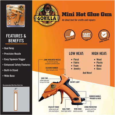 Gorilla Dual Temp Mini Hot Glue Gun Kit with 30 Hot Glue Sticks, (Pack of 1)