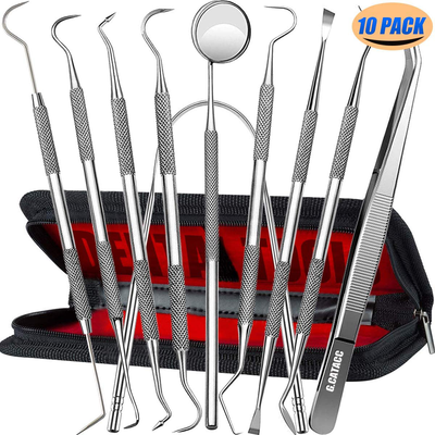 Dental Tools, 10 Pack Professional Plaque Remover Teeth Cleaning Tools Set, Stainless Steel Oral Care Hygiene Kit with Metal Plaque Cleaner, Tartar Scraper, Tooth Scaler, Tongue Scraper - with Case