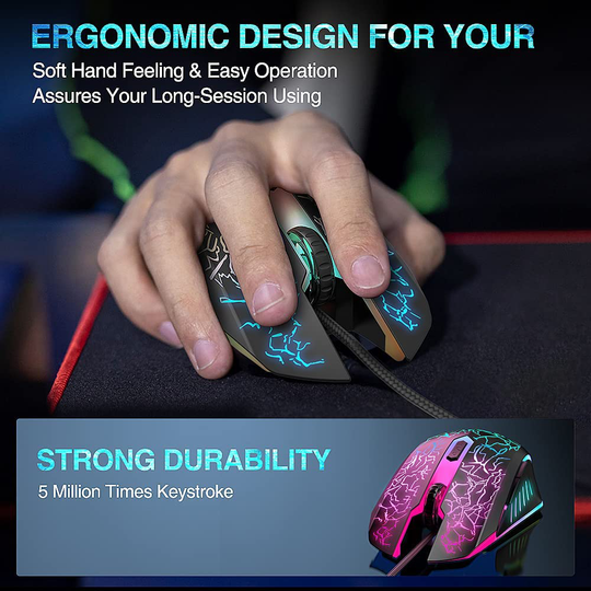 Gaming Mouse Wired, USB Optical Computer Mice with RGB Backlit, 4 Adjustable DPI Up to 3600, Ergonomic Gamer Laptop PC Mouse with 6 Programmable Buttons for Windows 7/8/10/XP Vista Linux