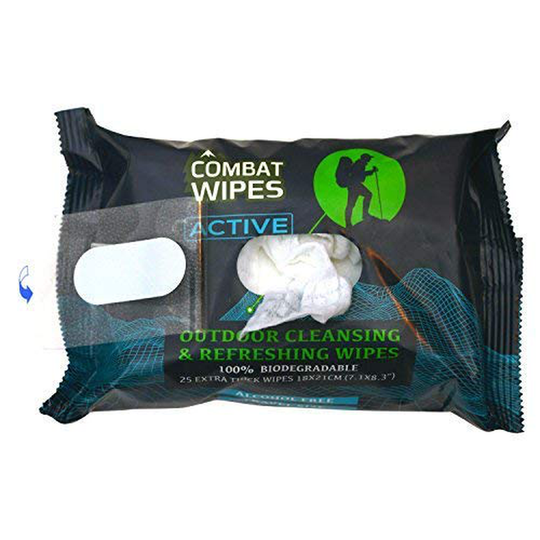 Combat Wipes ACTIVE Outdoor Wet Wipes | Extra Thick, Ultralight, Biodegradable, Body & Hand Cleansing/Refreshing Cloths for Camping, Gym & Backpacking w/ Natural Aloe & Vitamin E (25 WIpes)