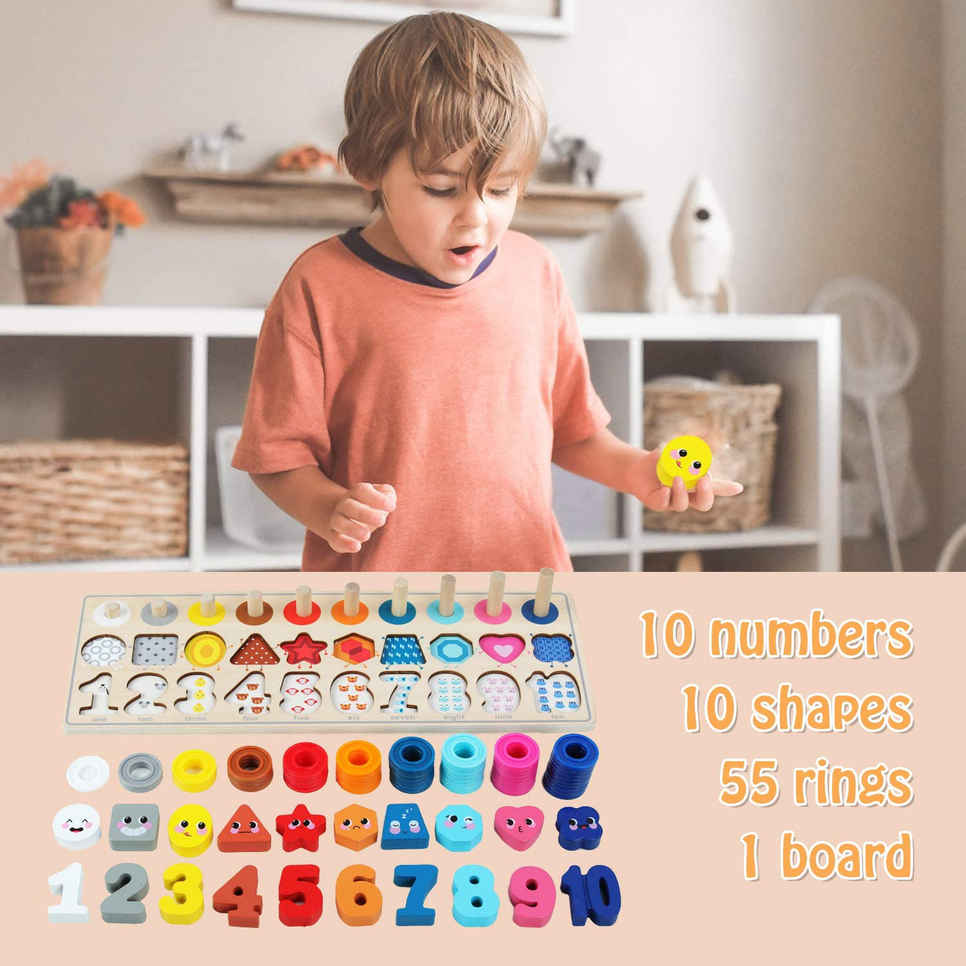 QZMTOY Counting Shape Stacker Wooden Count Sort Stacking Tower with Wood Colorful Number Shape Math Blocks for Kids Preschool Educational Toddlers Toy