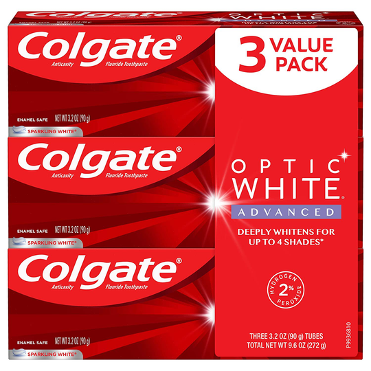 Colgate Optic White Advanced Teeth Whitening Toothpaste with Fluoride, 2% Hydrogen Peroxide, Sparkling White - 3.2 Ounce (3 Pack)