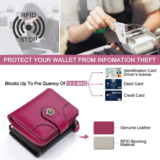 Women Premium Genuine Leather Wallet Credit Card Clutch Wallets,RFID Blocking Zipper Pocket Purse with ID Window