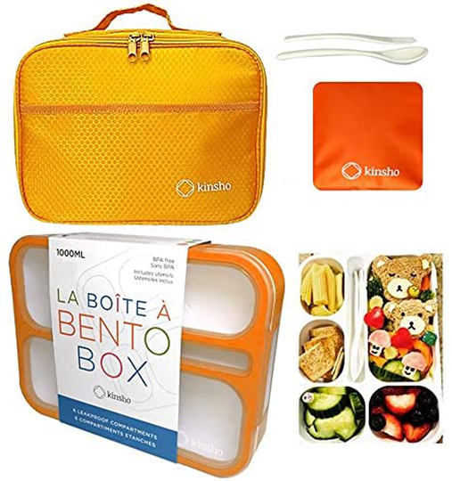 Bento-Box with Bag and Ice Pack Set. Lunch Boxes Snack Containers for Kids Boys Girls Adults. 6 Compartments, Leakproof Portion Container Boxes Insulated Bags for School Lunches, BPA Free (Orange)