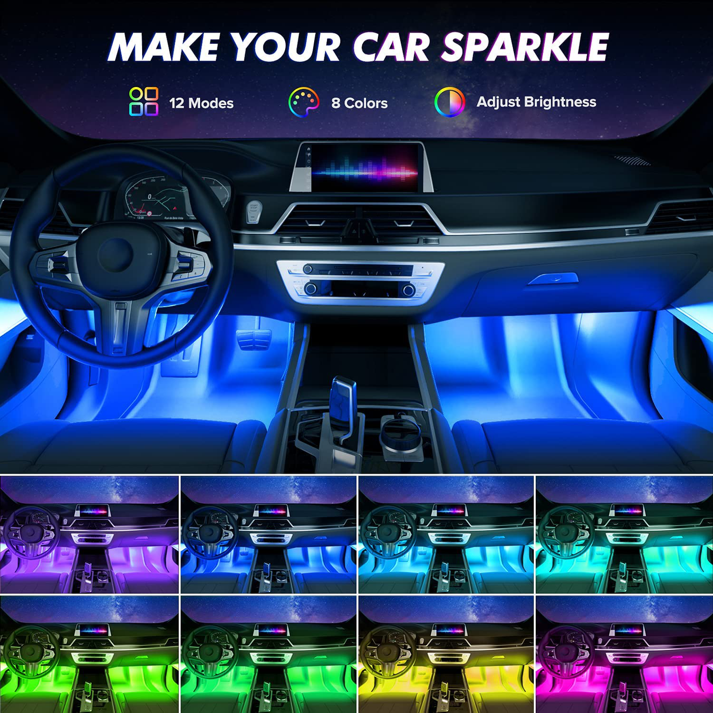 SEALIGHT Interior Car Lights, 72 Car LED Lights, 8 RGB colors, Sound Active Function Under Dash Lighting Kit, USB Light Strips with Control Box and Car Charger