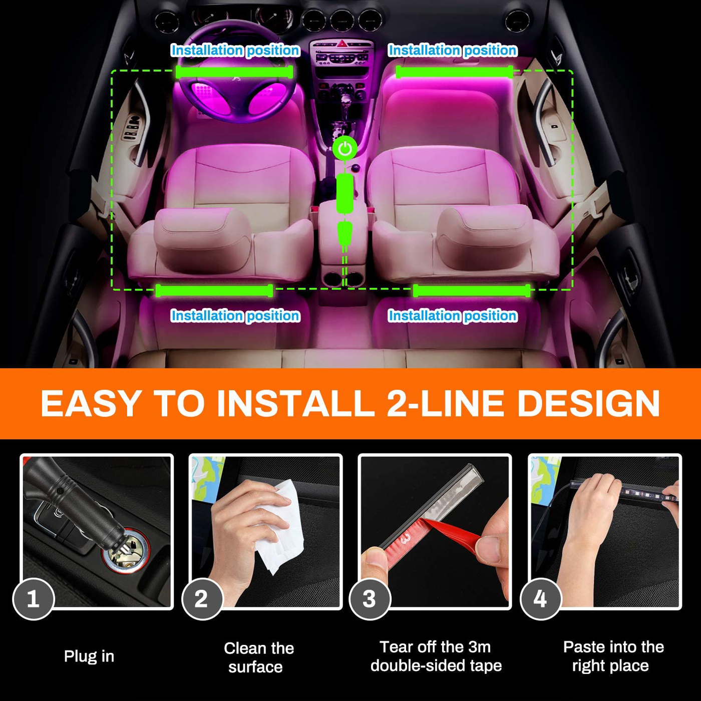 sunva Car LED Strip Light Interior, Sound Active 4 Lines 48 LEDs Multicolor Music Sync Interior Car Lights Under Dash Waterproof led Lights for car, Wireless Remote Control, with Car Charger,DC 12V