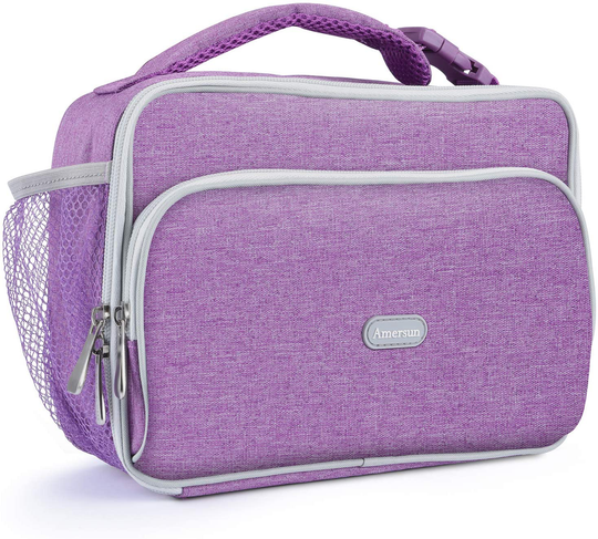 Amersun Kids Lunch Bag, Durable Insulated School Lunch Bag with Padded Liner Keeps Food Warm Cold Longer Time,Small Water-resistant Thermal Travel Office Lunch Cooler for Teen Girls-2 Pockets, Purple