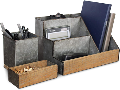 3 PIECE Galvanized Metal Desk Organizer Set- Rustic Mail Organizer For Desktop - Great For Rustic or Industrial Home Decor! Rustic Makeup Organizer For Vanity