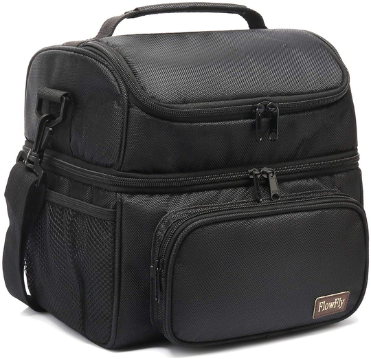FlowFly Adult Lunch Bag Insulated 2 Roomy Compartment Thermal Lunch Box Large Reusable Double Decker Tote Cooler Bag with Detachable Shoulder Strap for Men Women kids,Black
