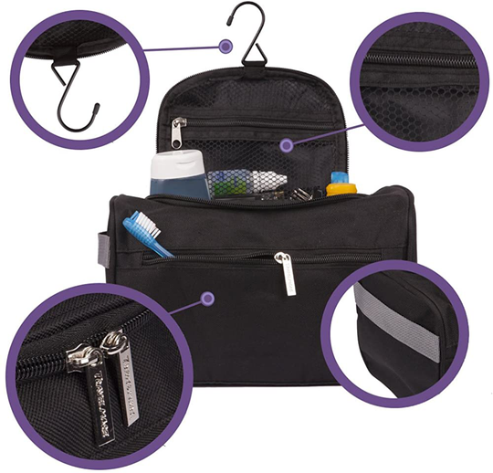 TravelMore Hanging Travel Toiletry Bag Organizer & Bathroom Hygiene Dopp Kit with Hook for Traveling Accessories Toiletries Bathroom Shaving & Makeup for Men and Woman - Black