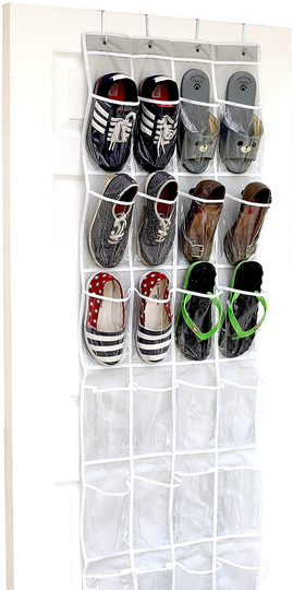 24 Pockets - SimpleHouseware Crystal Clear Over The Door Hanging Shoe Organizer, Brown