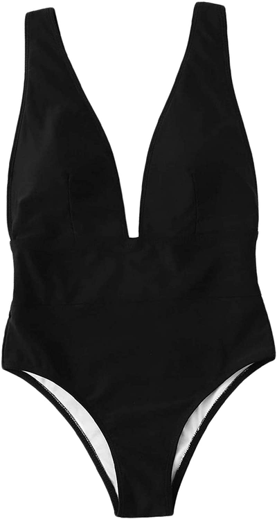 SheIn Women's Sexy Deep V Low Back Swimwear High Waisted Plunging One Piece Swimsuit