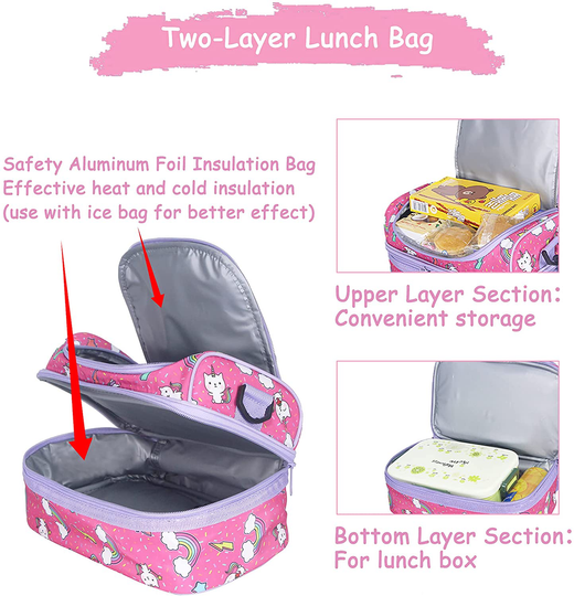 Lunch Box Bag for Boys, Kasqo Insulated Cooler Bag Kids Lunch Tote with Dual Compartments, Blue Dinosaur