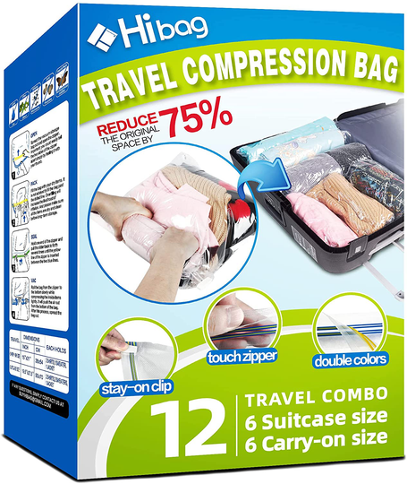 12 Travel Compression Bags, Hibag 12-Pack Roll-Up Space Saver Storage Bags for Travel, Suitcase Size (12-Travel)