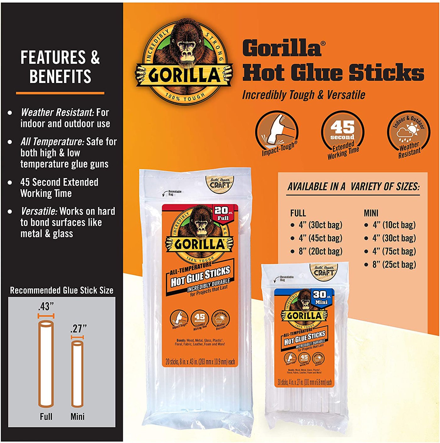 Gorilla 104987 Full Size Hot Glue Gun and Sticks, 45, Orange