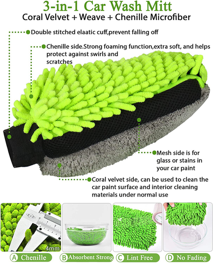 GreatCool Car Wash Collapsible Bucket with 3-in-1 Car Wash Mitt, Coral Velvet + Weave + Chenille Microfiber Glove Sponge, 10L (2.6 Gallon) Portable Folding Basin Pail for Car Household Cleaning