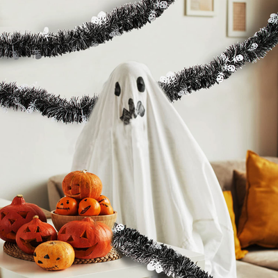 CCINEE 33FT Halloween Tinsel Garland,Spooky Skull Metallic Hanging Garland for Halloween Party Decoration,White & Black
