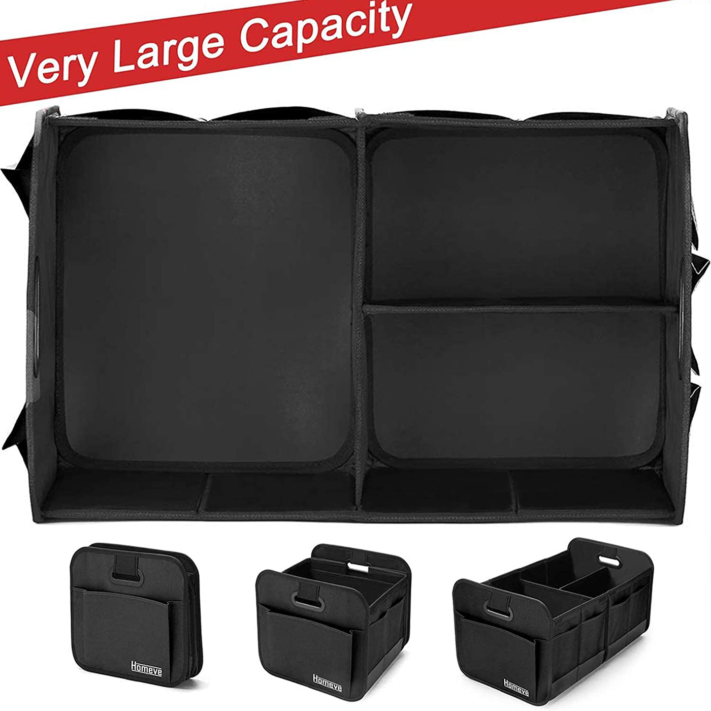 Foldable Trunk Storage Organizer, Reinforced Handles, Suitable for Any Car, SUV, Mini-Van Model Size, Black
