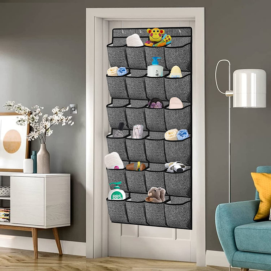 Over the Door Shoe Organizer,Hanging Shoe Rack Holder with 24 Extra Large Fabric Pockets for Storage Men Sneakers,Women High Heeled Shoes,Slippers Linen-like with Black Printing 61.4''x22''