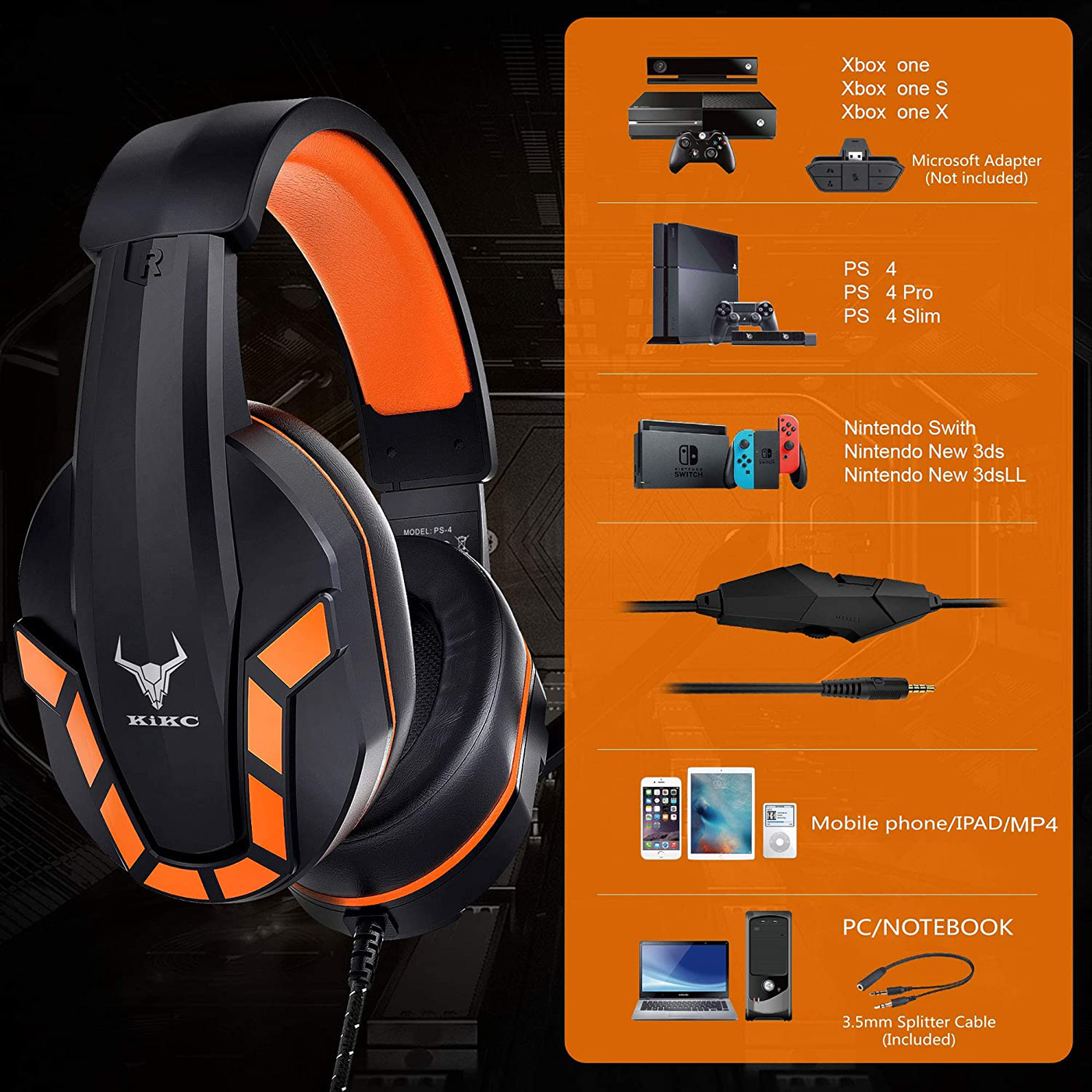 Gaming Headset with Mic and Controllable Volume for Xbox One, PS5, PC, Mobile Phone and Notebook