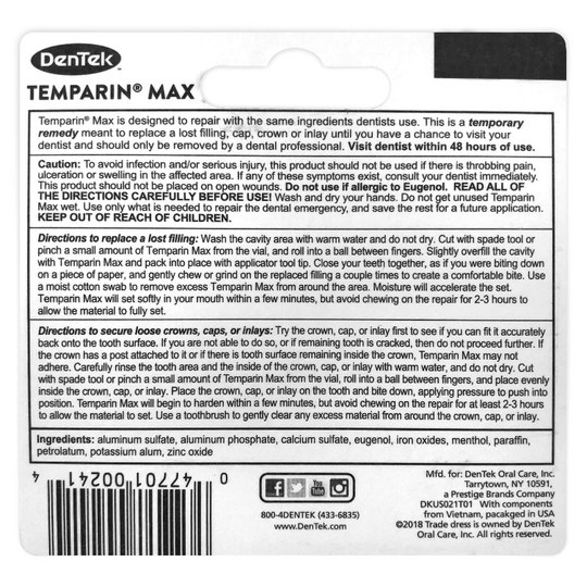 2 Pack DenTek Temparin Max Lost Filling and Loose Cap Repair Kit
