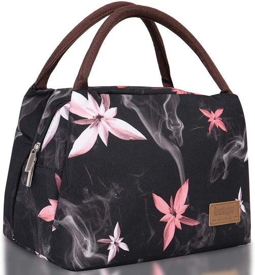 Buringer Reusable Insulated Lunch Bag Cooler Tote Box Meal Prep for Men & Women Work Picnic or Travel (Pink Flowers)
