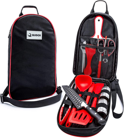 Cooking & Grilling Utensil Organizer Travel Set & Carry Case, Portable Silicone Camping Utensils & Kitchen Accessories, Cookware Equipment Kit and Chopping Board, Scissors & Camp Knife, Grill Supplies