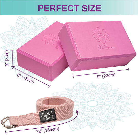 Dea Forever Yoga Blocks with Strap Set | High-Density Eva Foam Blocks with Yoga Strap D Ring Yoga Set with Bag | Yoga Brick 2 Pack and Strap + eBook for a Better Lifestyle