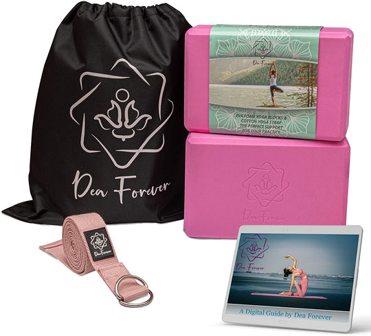 Dea Forever Yoga Blocks with Strap Set | High-Density Eva Foam Blocks with Yoga Strap D Ring Yoga Set with Bag | Yoga Brick 2 Pack and Strap + eBook for a Better Lifestyle