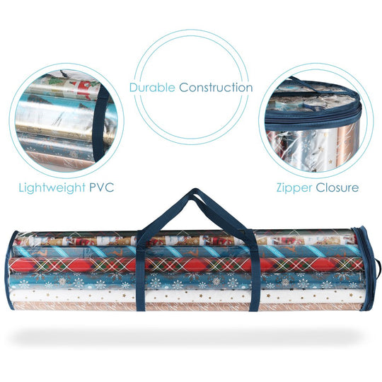 Holiday Christmas Wrapping Paper Storage Bag Fits 14-20 Rolls Upto 40 Inches Long, Slim Underbed Design Gift Wrap Organizer, Zippered Wrapping Paper Roll Bag, Waterproof