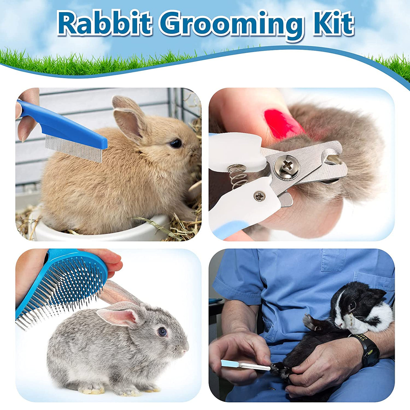 4 Piece Bunny Grooming Kit with Bunny Grooming Brush Comb Pet Hair Remover Nail Clipper File & Pet Shampoo