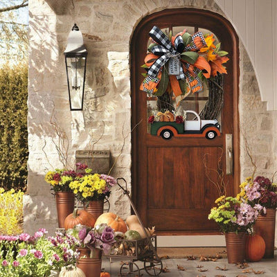  Vintage Pumpkin Truck Fall Wreath Decoration, Halloween Farmhouse Wreath Decorations,Green Pickup Truck, Wooden Pumpkin Patch, Autumn, Porch, Door, Home Decorations