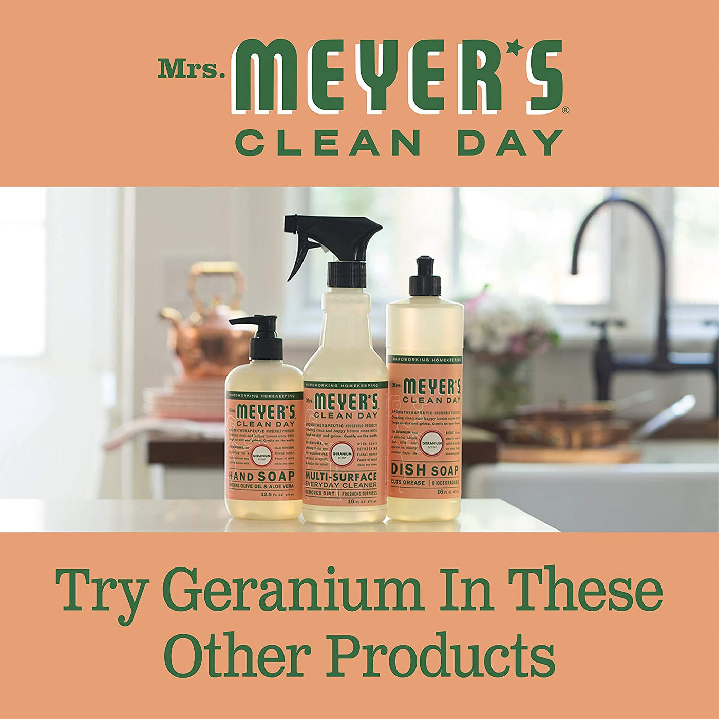 Mrs. Meyer's Kitchen Essentials Set, Includes: Hand Soap, Dish Soap, and All Purpose Cleaner, Geranium, 3 Count Pack
