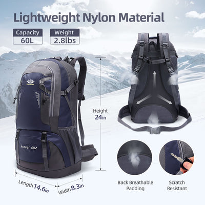 60L Hiking Backpack, Lightweight Waterproof & Tear Resistant Camping Bag, Outdoor Rucksack Travel Daypack with Shoes Compartment, Men Women Backpack for Hiking, Climbing, Camping, Touring