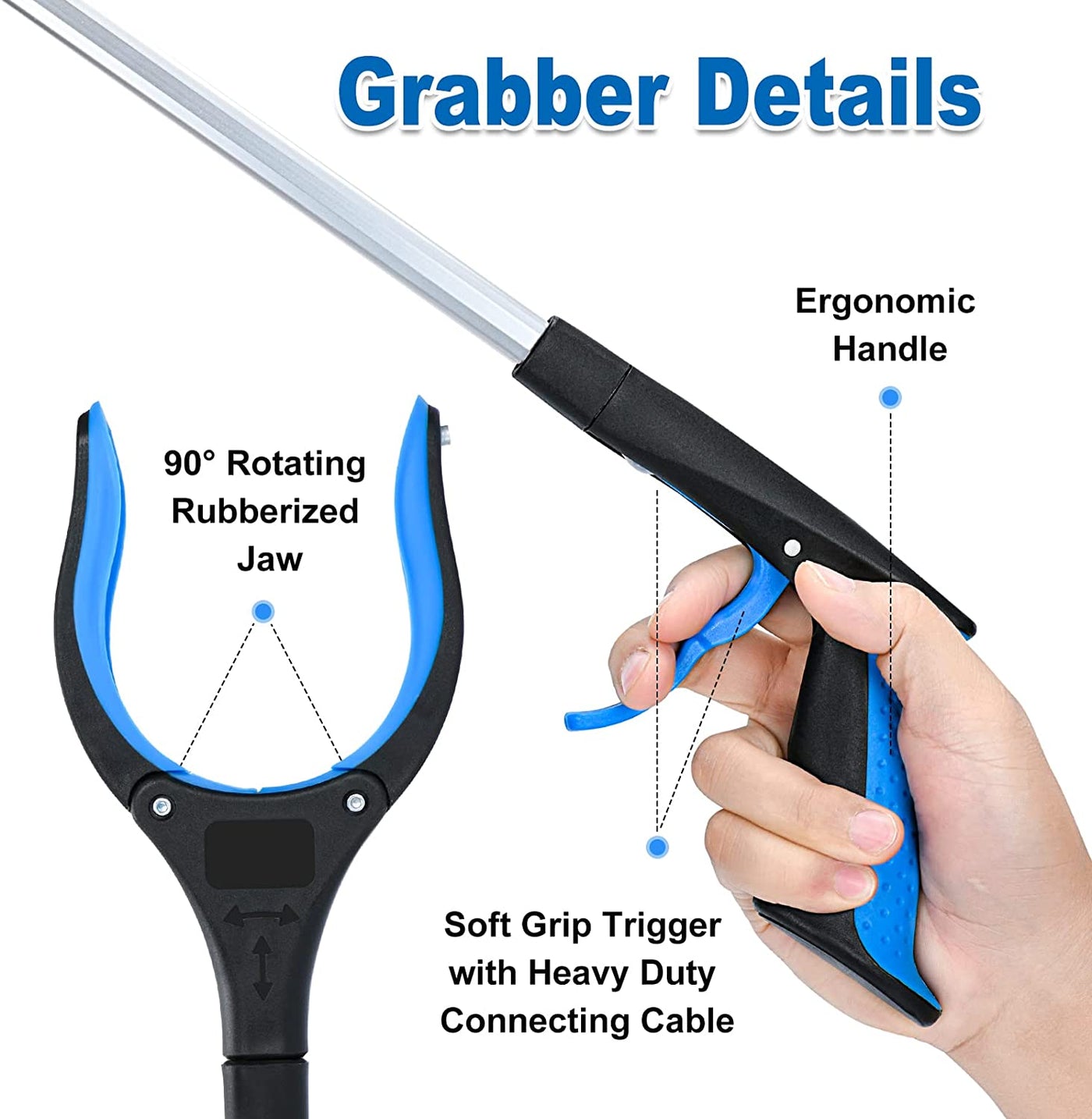 Grabber Reacher Tool,32 Inch Extra Long Foldable Pick Up Stick with Strong Grip Magnetic,360°Rotating Anti-Slip Jaw,Trash Claw Grabber Tool,Trash Picker Tool for Outdoor & Indoor(Blue)
