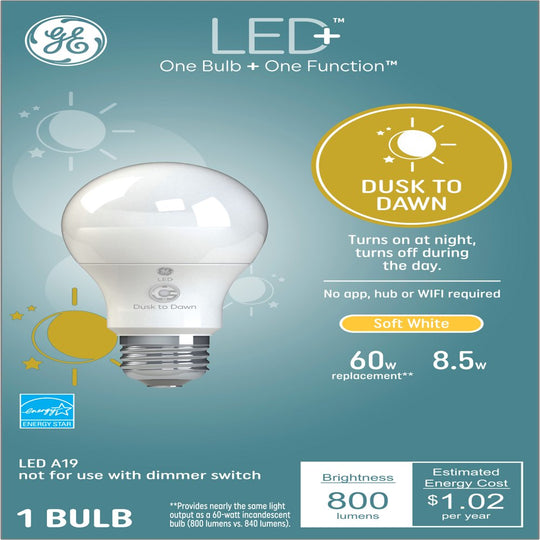 Dusk to Dawn LED Light Bulb, Soft White, A19 Bulb, 8.5 Watts