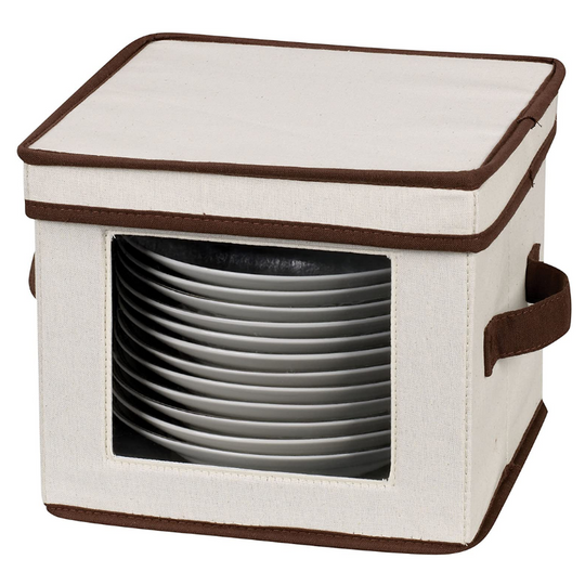 Household Essentials Natural 532 Dinnerware Box with Lid and Handles | Storage Bin for Dessert Plates or Bowls Canvas with Brown Trim