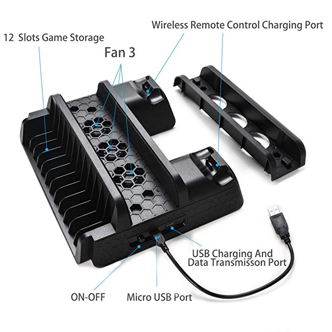 PS4/PS4 Slim/PS4 PRO Vertical Stand with Cooling Fan & Dual Controller Charging Station